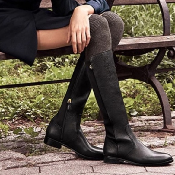 Tory Burch Selden Tall Riding Boots 8.5 Equestrian Black Leather Stretch Scuba - Picture 2 of 16